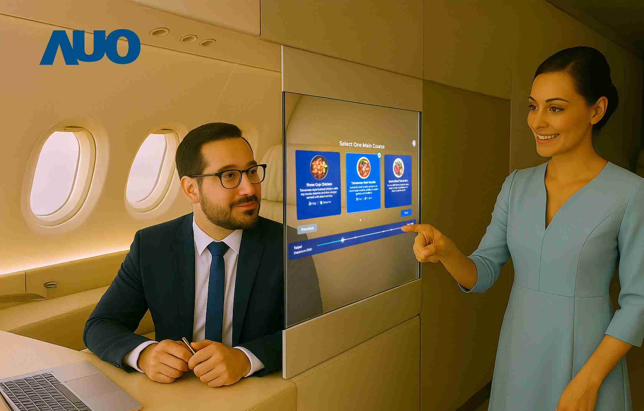 william威廉中文官网研发全球最薄17.3 吋双面透明 Micro LED 显示器，，，，可在同一屏幕之双边投射不同信息，，创造独特的”透明化”互动；图为实时翻译交流应用情境